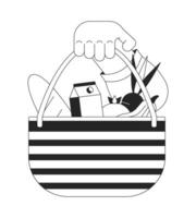 Showing basket full of products cartoon human hand outline illustration. Choosing reusable bag for shopping 2D isolated black and white image. Consumption flat monochromatic drawing clip art vector