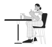 Indian woman sitting at cafe table black and white 2D line cartoon character. South asian female visiting coffee shop isolated outline person. Relaxation monochromatic flat spot illustration vector