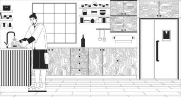 caucásico hombre relleno botella con agua a hogar negro y blanco línea ilustración. europeo chico con reutilizable matraz 2d personaje monocromo antecedentes. consumo contorno escena imagen vector