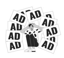 Hindu man suffering from aggressive marketing black and white 2D illustration concept. Indian male hiding from ads cartoon outline character isolated on white. Targeting metaphor monochrome art vector