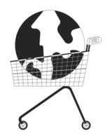 tierra globo en compras carro negro y blanco 2d línea dibujos animados objeto. internacional consumismo aislado contorno artículo. comprando todo mundo con tecnología monocromo plano Mancha ilustración vector