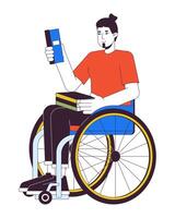 Caucasian man student with disability 2D linear cartoon character. Wheelchaired european male with books isolated line person white background. Inclusion color flat spot illustration vector