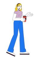 Happy caucasian woman with coffee cup 2D linear cartoon character. European female with drink walking isolated line person white background. Lifestyle activity color flat spot illustration vector