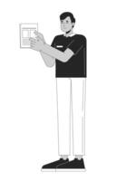 Indian man showing papers black and white 2D line cartoon character. South asian male office employee with documents isolated outline person. Paperwork monochromatic flat spot illustration vector