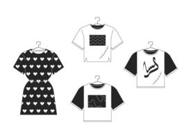 nuevo y reparado ropa negro y blanco 2d línea dibujos animados objetos colocar. ropa reutilizando a reducir consumo aislado contorno artículo. rápido Moda monocromo plano Mancha ilustraciones vector