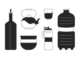 Containers for liquid black and white 2D line cartoon objects set. Bottles, teapot, bowls and cup isolated outline item. Drink and food supplies monochromatic flat spot illustrations vector