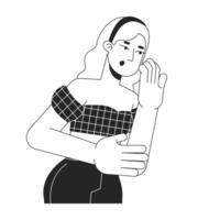 Shocked caucasian woman covering mouth with hand black and white 2D line cartoon character. European female isolated outline person. Surprise monochromatic flat spot illustration vector