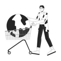 Asian man buying whole world 2D linear illustration concept. Korean male buyer with shopping cart cartoon outline character isolated on white. Overconsumption metaphor monochrome art vector