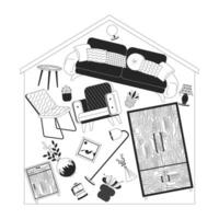 House overloaded with belongings black and white 2D linear illustration concept. Domestic stuff cartoon scene background. Overconsumption problem monochrome metaphor abstract flat graphic vector