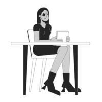 árabe mujer con ojo parche en oficina negro y blanco 2d línea dibujos animados personaje. medio oriental hembra con invalidez aislado contorno persona. inclusión monocromo plano Mancha ilustración vector