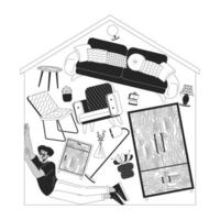 Latin american man buried under belongings at home black and white2D linear illustration concept. Hoarding cartoon scene background. Overconsumption monochrome metaphor abstract flat graphic vector