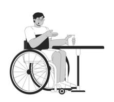 discapacitado árabe hombre a café mesa negro y blanco 2d línea dibujos animados personaje. medio oriental masculino en silla de ruedas aislado contorno persona. accesibilidad apoyo monocromo plano Mancha ilustración vector