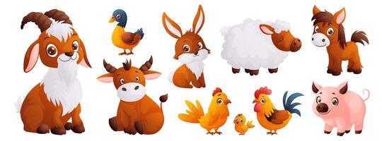 linda dibujos animados mascotas - cabra, pato, conejo, oveja, poni, becerro, gallo con gallina y cerdo. Perfecto ilustración para para niños libros, educativo proyectos y guardería diseño vector