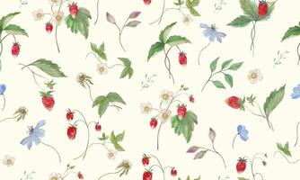 Seamless watercolor pattern with wild strawberries. Hand drawn illustration isolated on pastel background. vector
