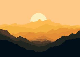 paisaje montañas en puesta de sol ilustración en plano diseño para antecedentes. vector