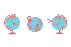 Cartoon flat globe icon on white background, globe with pink location point, a trip around the world illustration, pink and green continent vector