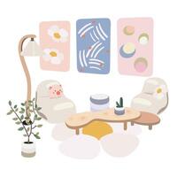 Living room interior. Home cozy furniture. A living room with a white big sofa and cute toys, a soft chair, a table, a daisy rug and a picture. illustration in flat style vector