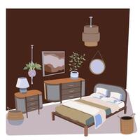 Bedroom furniture set. Boho style room. Bedroom cartoon brown wooden furniture. Flat bedroom interior. Bed, wardrobe, lamp, flowers and other bedroom decor vector