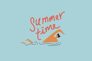 Summertime illustration on a blue background, flat people character, people swimming in the sea, summer swim hobbies vector