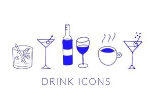 flat illustrations drinks isolated on white background, linear retro icons set, doodle drink icons vector