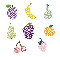 stylized fruit icons, pear, banana, strawberry, cherry, orange icon, fruit in a white dot vector