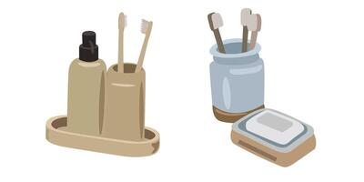 Accessories for bath, shower, toilet and healthcare, flat bath icons, soap, toothbrushes, ear sticks, toilet paper, a set of hygiene products for bath and toilet vector