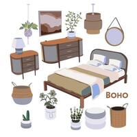 Bedroom furniture set on a white background. Boho style. Bedroom cartoon brown wooden furniture. Flat bedroom interior. Bed, wardrobe, lamp, flowers and other bedroom decor vector