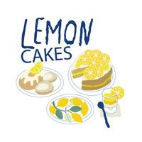 Fresh summer lemon drinks and lemon cakes set, fresh cold lemonade with mint and lemon wedges in a decanter, flat lemon cake and pastries vector