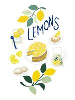 Fresh summer lemon drinks and lemon cakes set, fresh cold lemonade with mint and lemon wedges in a decanter, flat lemon cake and pastries vector