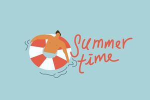 Hora de verano ilustración en un azul fondo, plano personas personaje, personas nadando en el mar, verano nadar aficiones vector