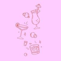 illustration of a set of alcoholic cocktails, pink background, retro set icons of cocktails, pinup illustration of alcohol cocktails vector