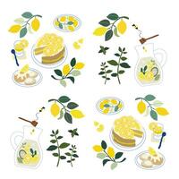 Summer lemon set, fresh cold lemonade with mint and lemon in a decanter, flat lemon cake and pastries, bright pattern with yellow lemons vector