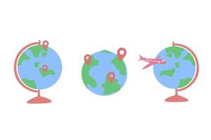 Cartoon flat globe icon on white background, globe with pink location point, a trip around the world illustration, pink and green continent vector