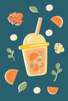 Summer lemonades with fruits, orange, watermelon, strawberry, blueberry. Trend summer drinks illustration in flat style vector