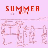 rosado retro póster diseño, verano ilustración, silueta de personas jugando vóleibol, verano vibraciones ilustración vector