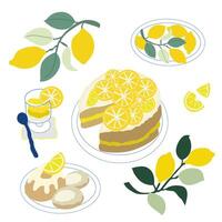 Fresh summer lemon drinks and lemon cakes set, fresh cold lemonade with mint and lemon wedges in a decanter, flat lemon cake and pastries vector