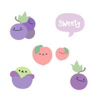 Set of purple flat cute cartoon fruits. Cute cartoon peach, grape, pea. Summer theme illustration vector
