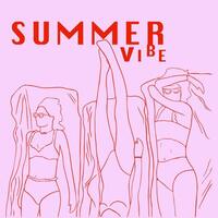 banner, pink poster design, summer illustration, pink silhouette of a girl on the beach, summer vibes illustration vector