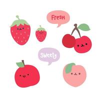 colección de linda rojo frutas plano dibujos animados frutas caracteres. linda dibujos animados fresa, cereza, durazno. Fresco y sudoroso frutas vector