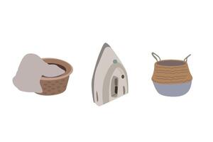 Everything for ironing. illustration. flat beige iron. Clean clothes for ironing. Laundry basket . A kind of wicker baskets for things. Everything for home comfort vector