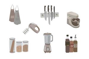 kitchen illustration. Kitchen equipment. Kitchen apron, knife set, blender, sauce pans and food containers. Flat illustration vector