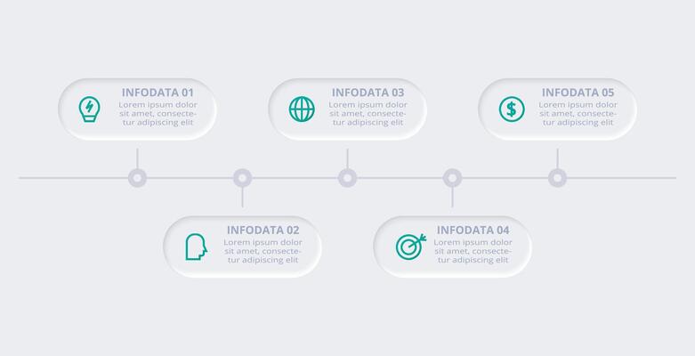 Neumorphic flowchart infographic. Creative concept for infographic with 5 steps, options, parts or processes. Template for diagram, graph, presentation and chart.
