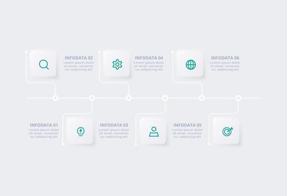 Neumorphic flowchart infographic. Creative concept for infographic with 6 steps, options, parts or processes. Template for diagram, graph, presentation and chart.