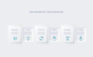 Neumorphic flowchart infographic. Creative concept for infographic with 6 steps, options, parts or processes. Template for diagram, graph, presentation and chart. vector