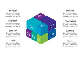 3D infographic pyramid, or comparison chart with 8 colorful levitating layers. The concept of levels or stages of a business project. Realistic infographic design template. vector