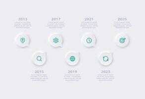 Neumorphic flowchart infographic. Creative concept for infographic with 7 steps, options, parts or processes. Template for diagram, graph, presentation and chart. vector