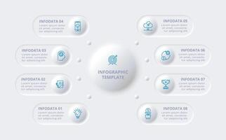 Neumorphic flowchart info steps, options, parts or processes. Template for diagram, graphic. Creative concept for infographic with 8 graph, presentation and chart. vector