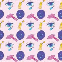 Seamless pattern from a beauty set - cosmetic face mask, lipstick, mascara, nail polish on a pink background. vector