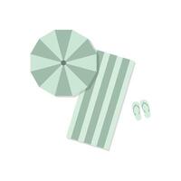A flat illustration of a green striped beach towel and a parasol and flip-flops, on a white background. vector