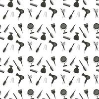 Seamless pattern of black silhouettes from the hairdresser's set. Comb, mirror, scissors, hair clip, spray. vector